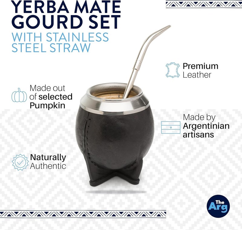 THEARG Yerba Mate Gourd Set with Stainless Steel Straw | Handmade Leather Yerba Mate Cup and Bombilla Set from Argentina - Beach Essentials - Idea for Gifts | Travel Cup Mate - Image 2